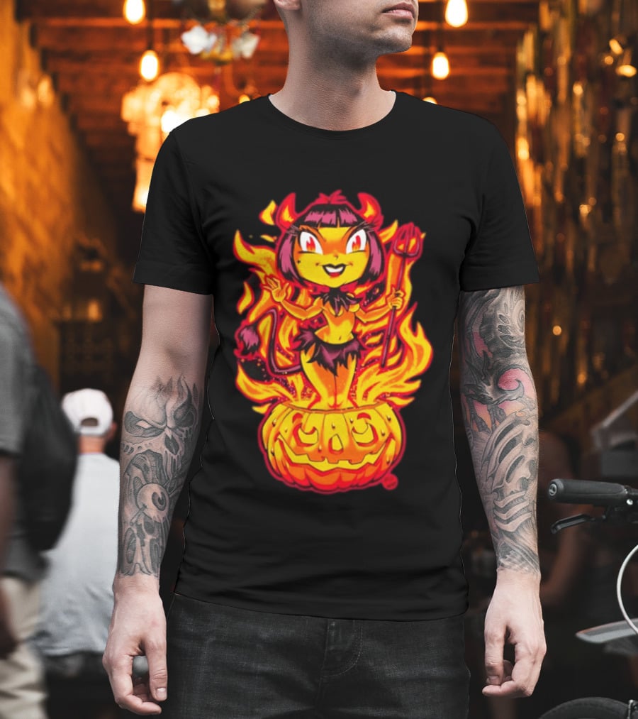 Devil Girl In Jack O' Lantern Halloween Flames With Pitchfork And Tail T-Shirt