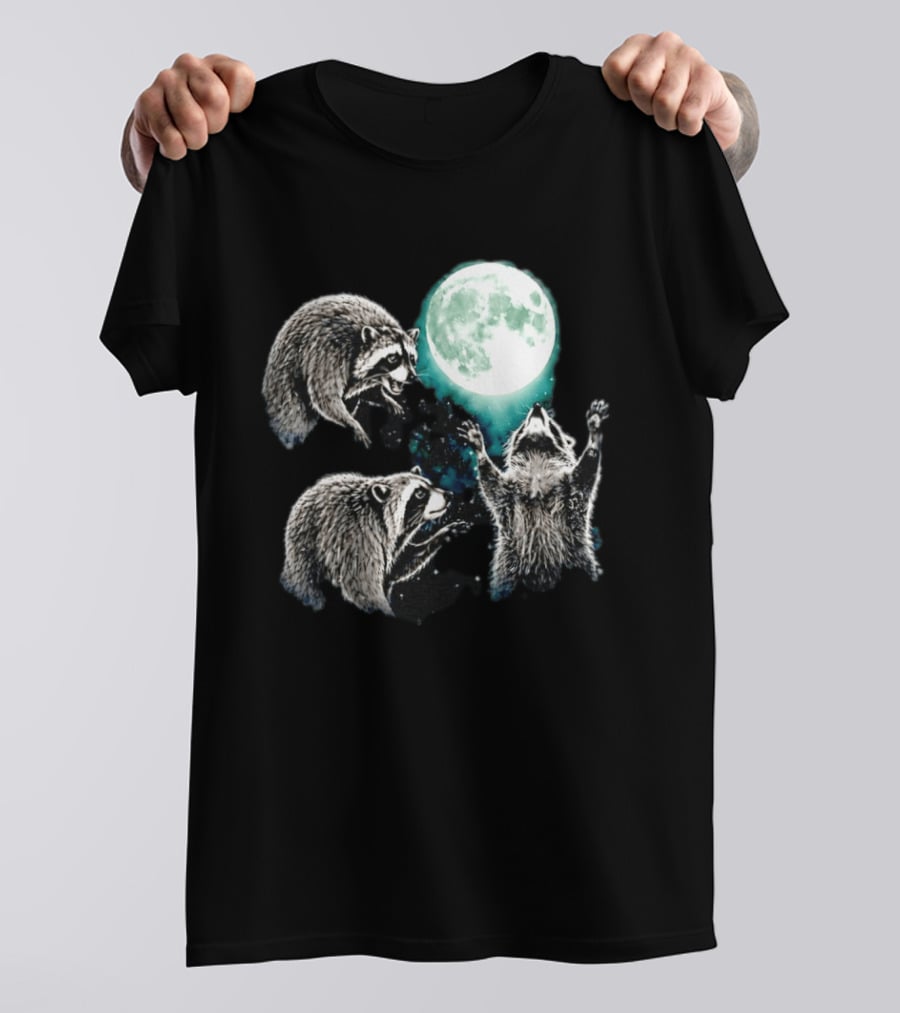 Jimothy Raccoon Moon Space Wolf Moon Trio Reaching For Full Moon T-Shirt