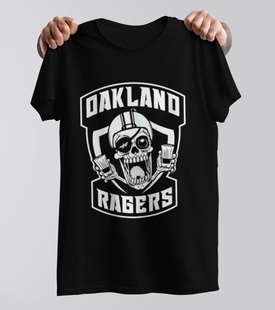 Oakland Ragers Skull With Eye Patch Holding Drinks T-Shirt