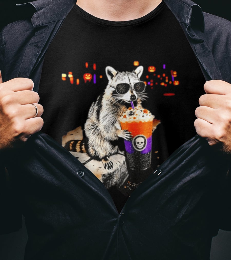 Raccoon With Sunglasses Enjoying Halloween Frappe With Skull Cup And Pumpkin T-Shirt