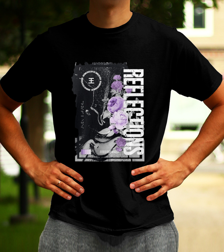 Reflections Peroxide Floral Typography With Purple Roses And Abstract Black And White T-Shirt