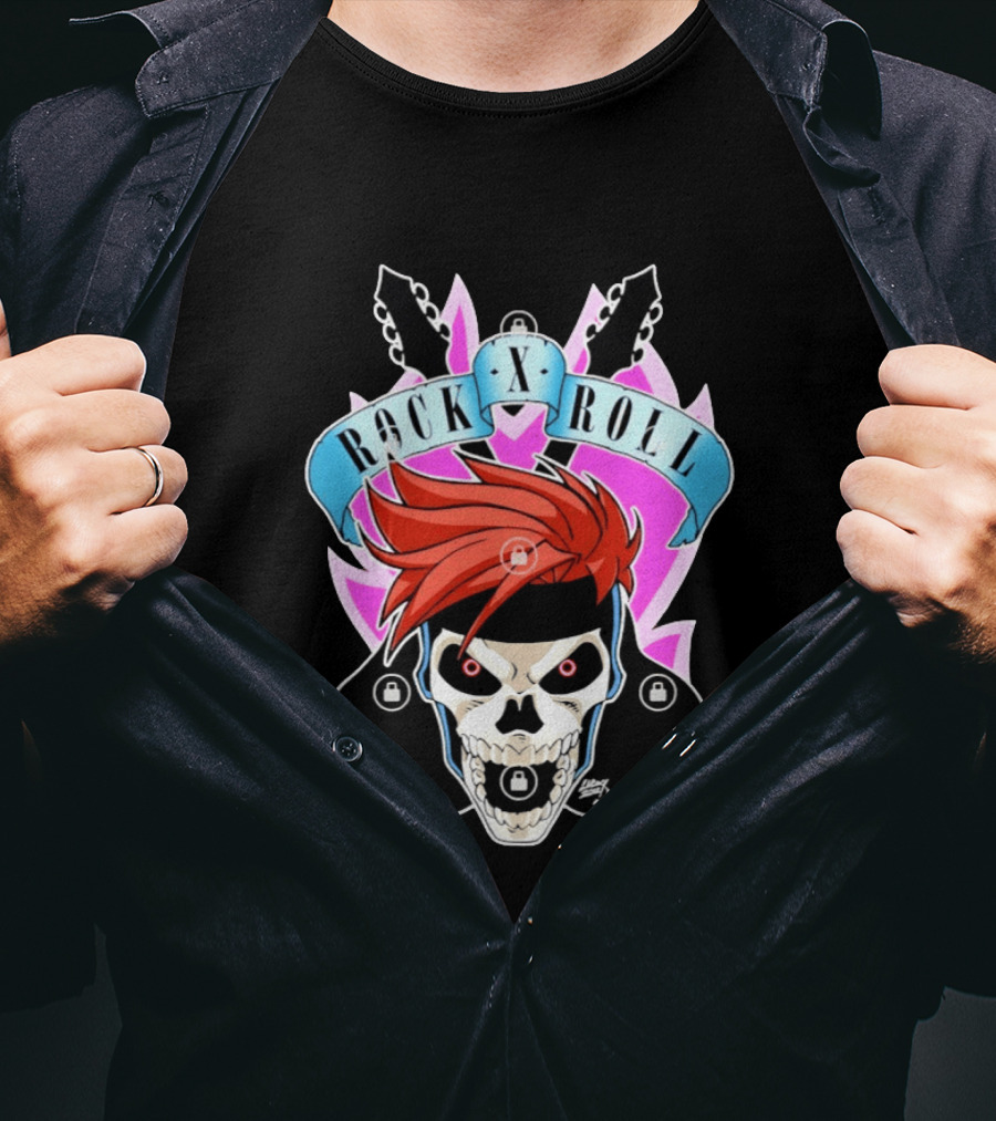 Rock X Roll Skull Electric Guitar Red Hair T-Shirt