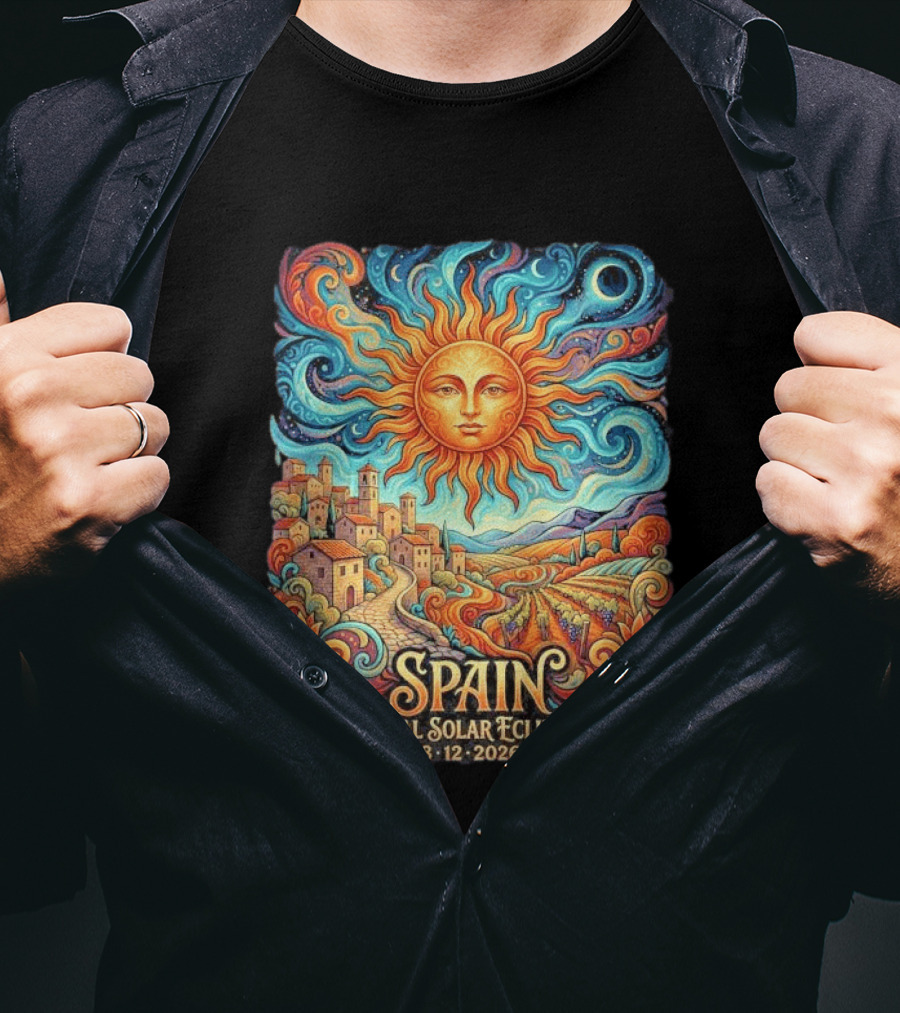 Spain Total Solar Eclipse 8 12 2026 Sun And Moon Celestial Village T-Shirt