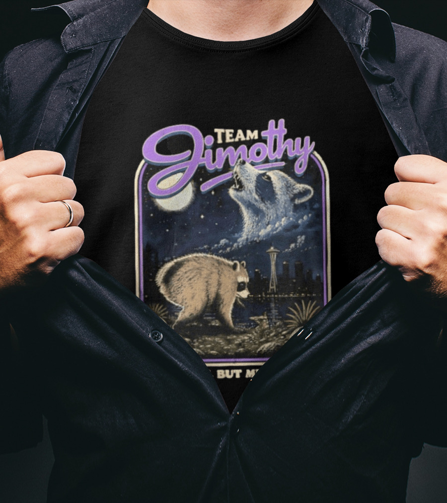 Team Jimothy Small But Mighty Raccoon Cityscape At Night Seattle Tower T-Shirt