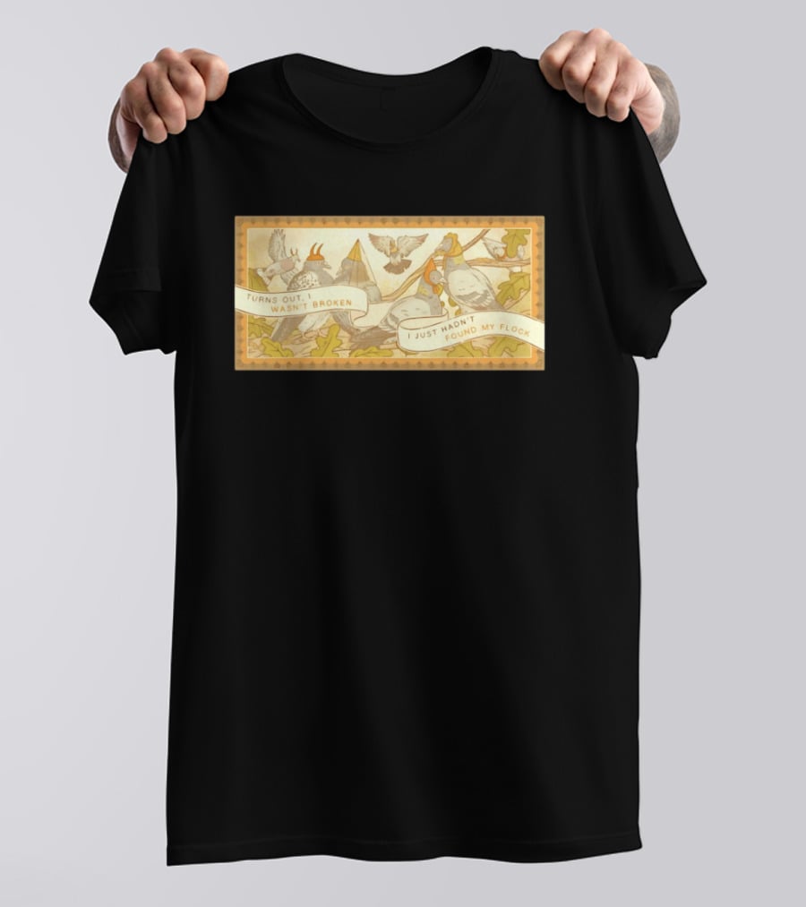 Turns Out I Wasn't Broken I Just Hadn't Found My Flock Pigeon Funny Vintage Style Banner With Autumn Leaves T-Shirt