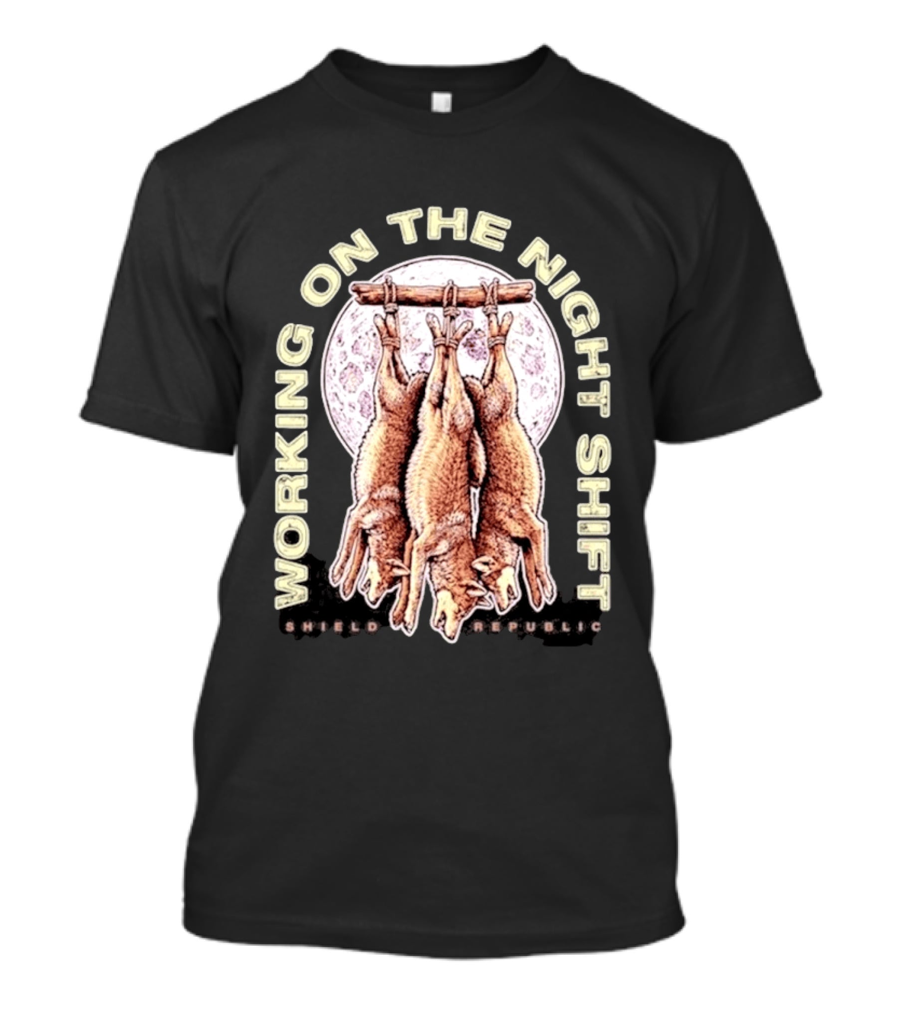 Working On The Night Shift Shield Republic Hanging Coyotes Full Moon T-Shirt