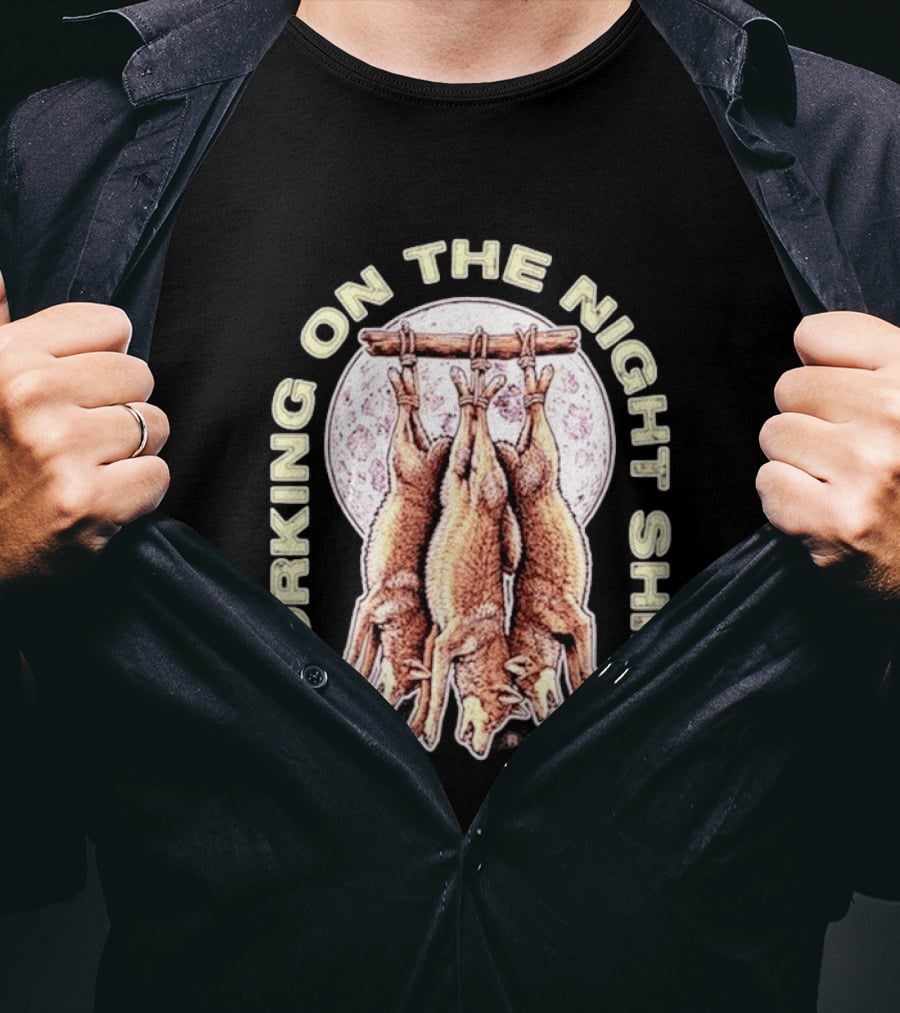 Working On The Night Shift Shield Republic Hanging Coyotes Full Moon T-Shirt