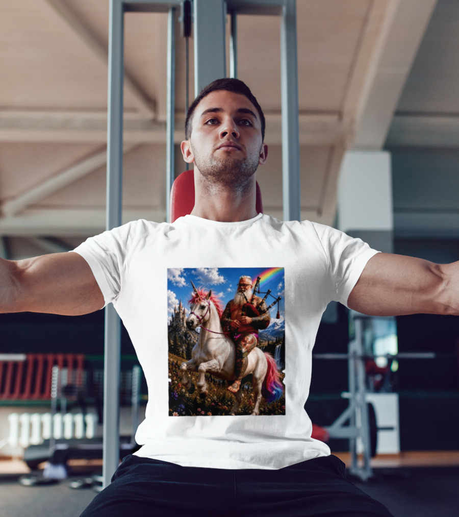 Bearded Scotsman Playing Bagpipes Riding A Rainbow Unicorn In Enchanted Castle Landscape T-Shirt