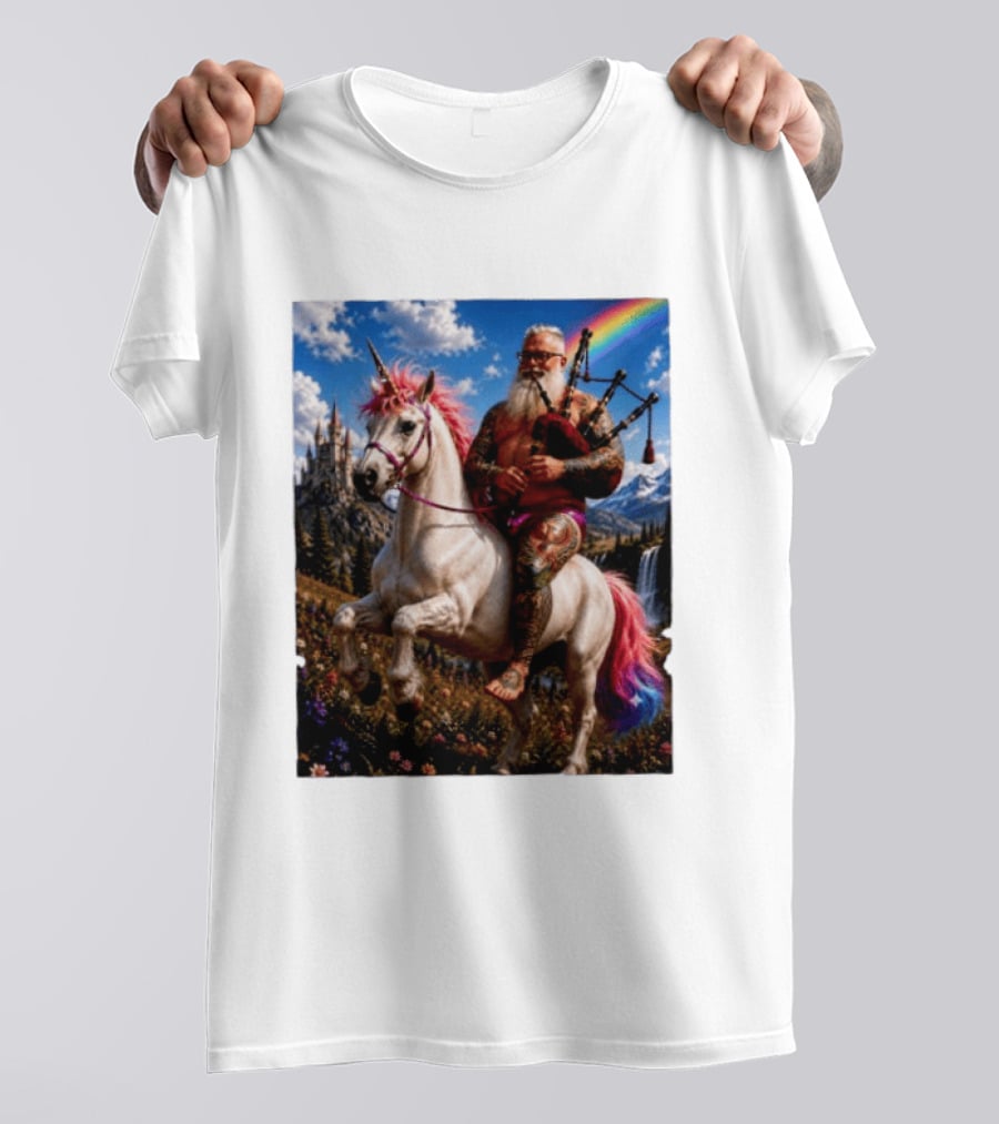 Bearded Scotsman Playing Bagpipes Riding A Rainbow Unicorn In Enchanted Castle Landscape T-Shirt