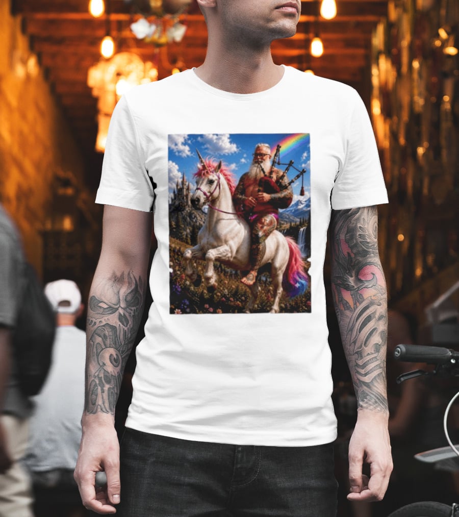 Bearded Scotsman Playing Bagpipes Riding A Rainbow Unicorn In Enchanted Castle Landscape T-Shirt