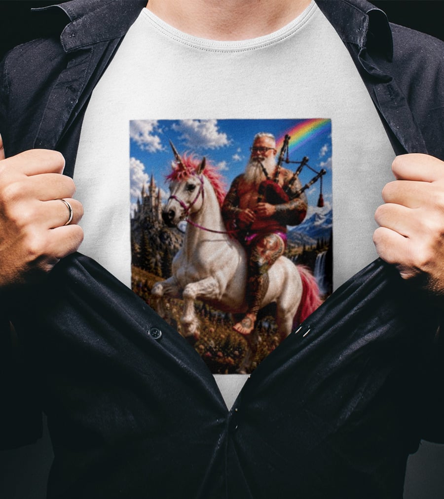 Bearded Scotsman Playing Bagpipes Riding A Rainbow Unicorn In Enchanted Castle Landscape T-Shirt