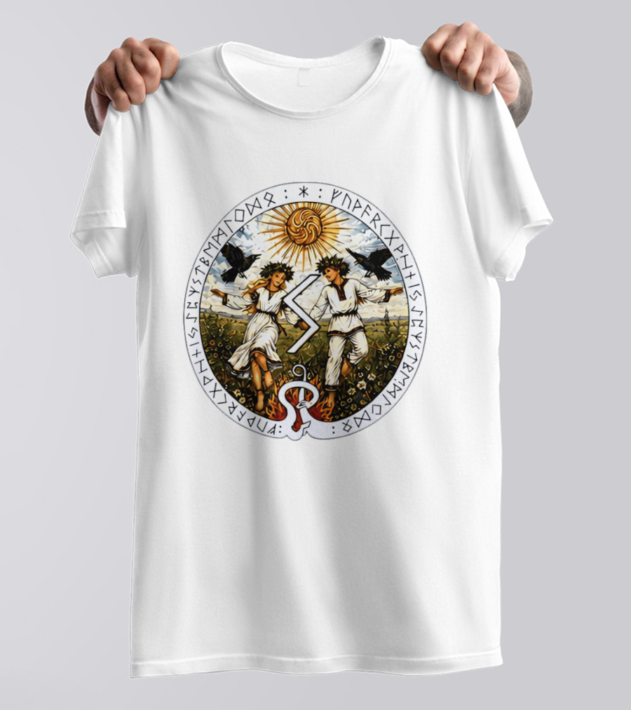 Seidr Sun Wheel Futhark Runes Pagan Folk Norse Mythology Ravens And Dancing Figures T-Shirt