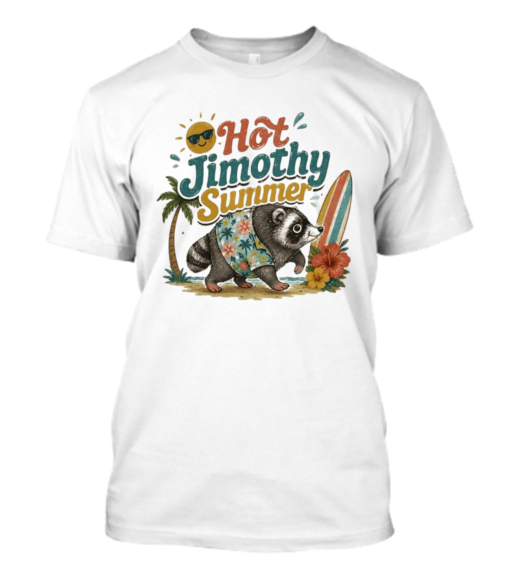 Hot Jimothy Summer Raccoon Tropical Surfing Vibes Vintage Paradise T-Shirt