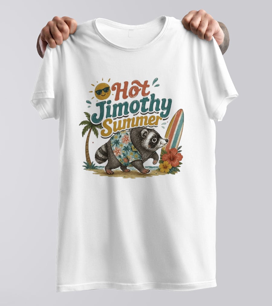 Hot Jimothy Summer Raccoon Tropical Surfing Vibes Vintage Paradise T-Shirt