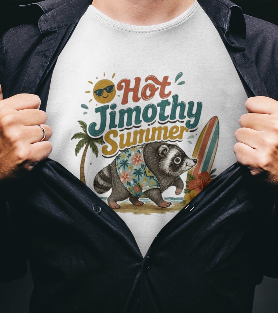 Hot Jimothy Summer Raccoon Tropical Surfing Vibes Vintage Paradise T-Shirt