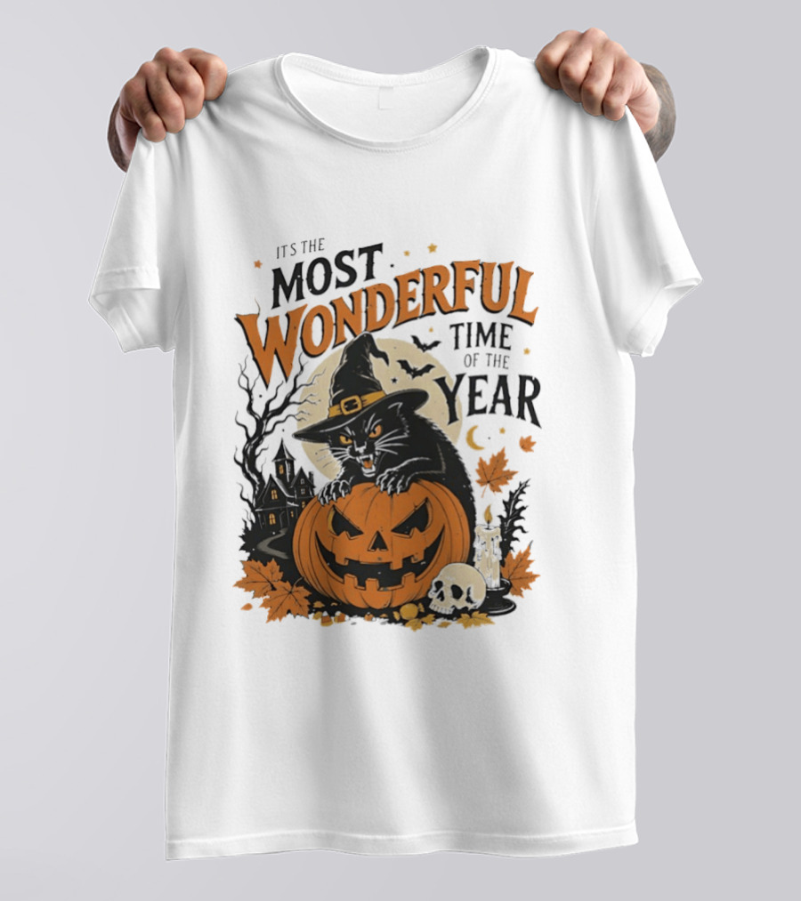 It's The Most Wonderful Time Of The Year Witch Cat And Pumpkin Halloween T-Shirt