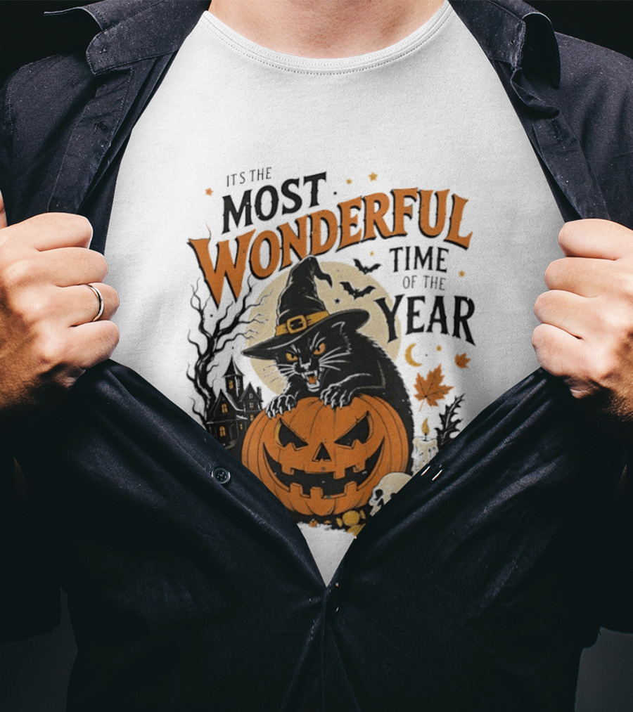 It's The Most Wonderful Time Of The Year Witch Cat And Pumpkin Halloween T-Shirt