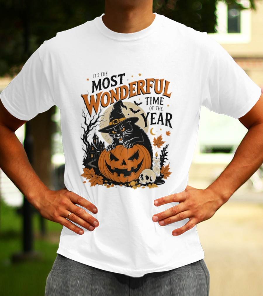 It's The Most Wonderful Time Of The Year Witch Cat And Pumpkin Halloween T-Shirt