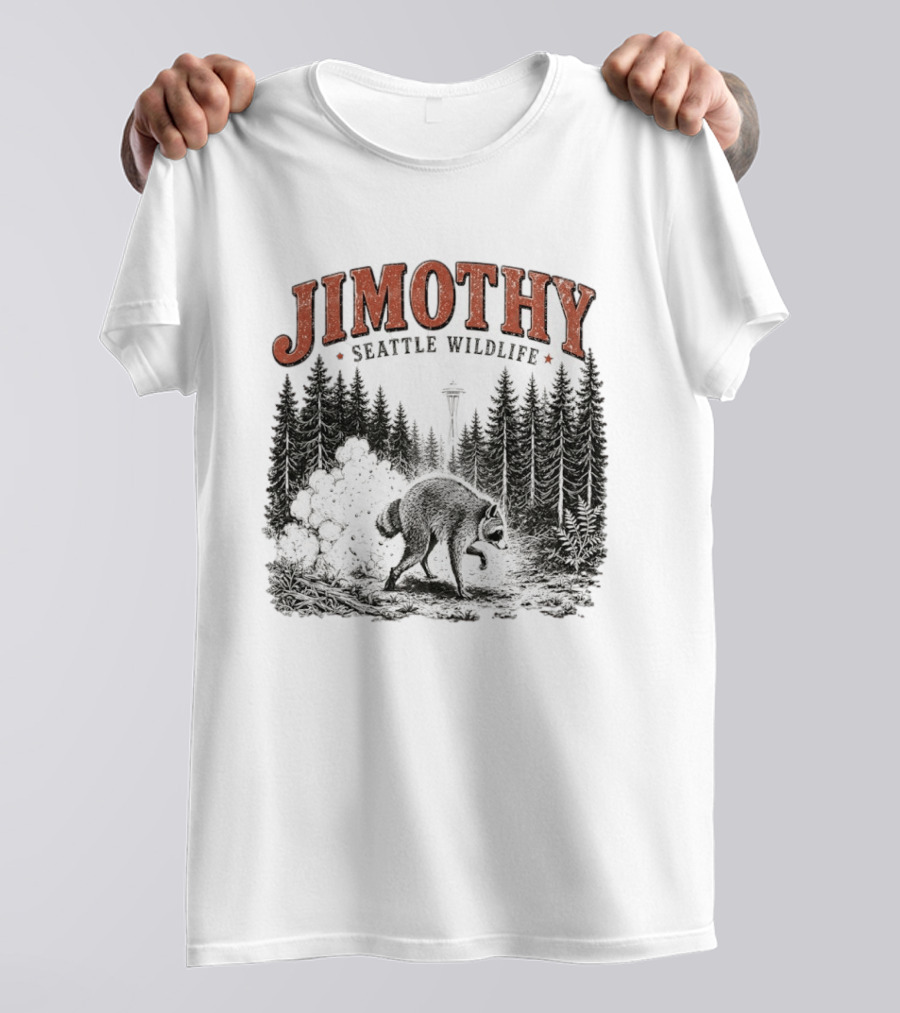 Jimothy Seattle Wildlife Raccoon With Space Needle Forest Scene T-Shirt