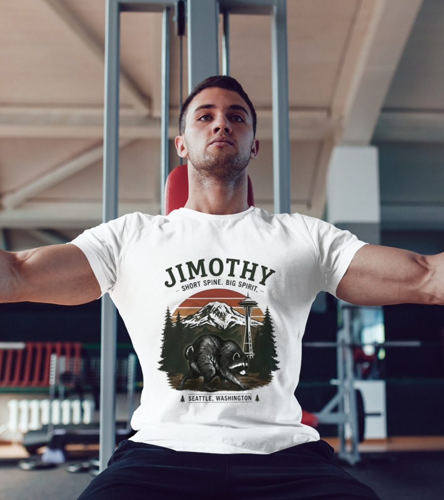 Jimothy Short Spine Big Spirit Bear Seattle Washington Skyline Sunset T-Shirt