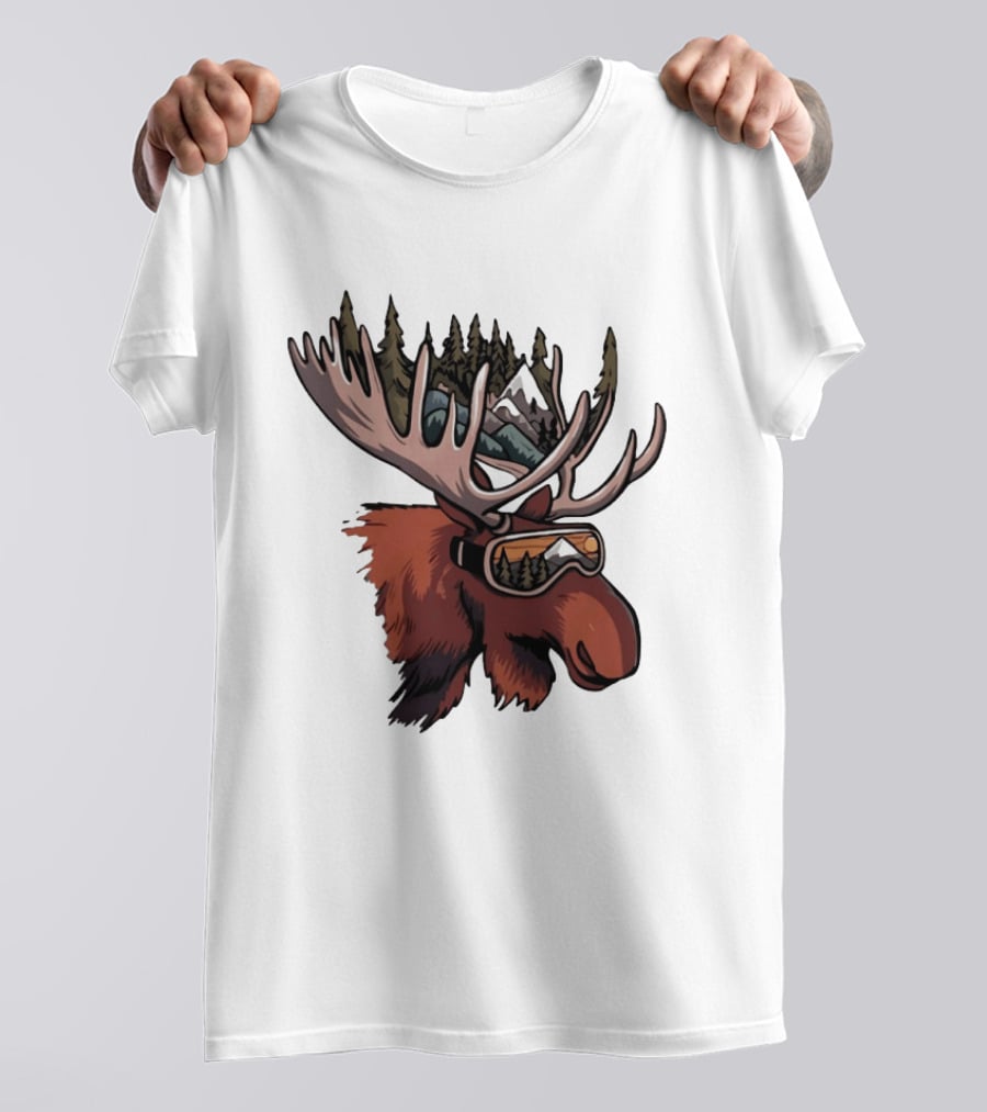 Moose With Ski Goggles And Mountain Forest Antlers Adventure Scene T-Shirt
