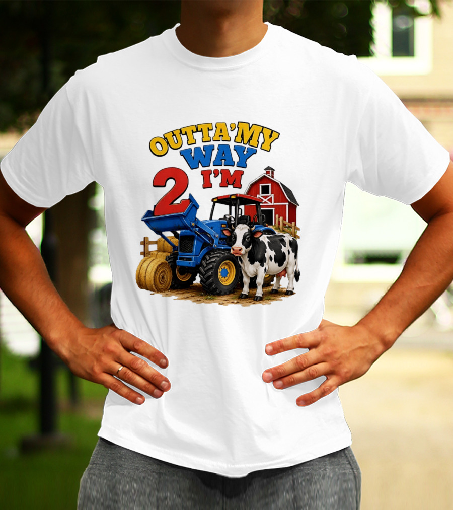 Outta My Way I'm 2 Farm Tractor Birthday Cow Barnyard Party T-Shirt