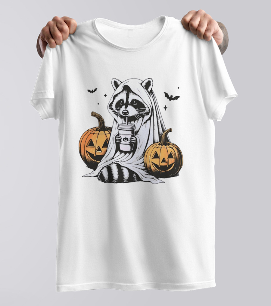Raccoon Ghost With Iced Coffee And Jack O' Lanterns Halloween T-Shirt