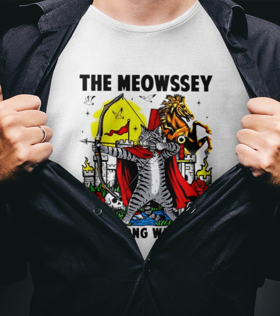 The Meowssey It's A Long Way Home Cat Archer With Red Cape And Horse T-Shirt