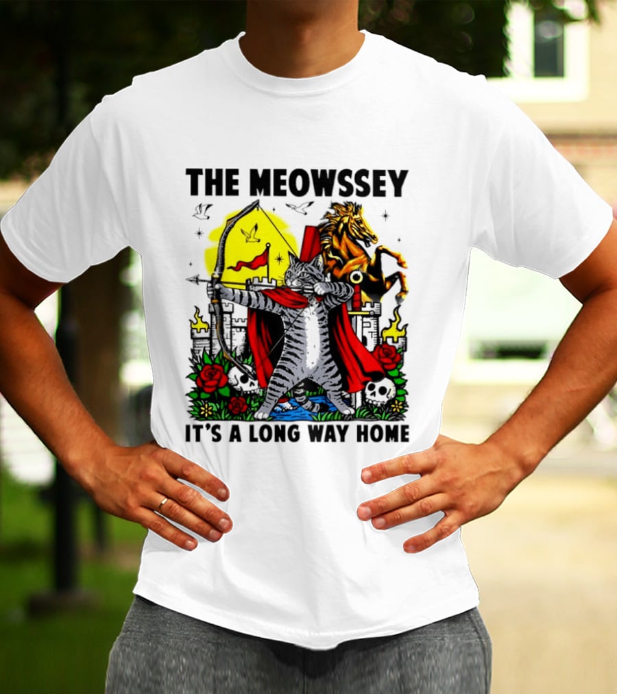 The Meowssey It's A Long Way Home Cat Archer With Red Cape And Horse T-Shirt