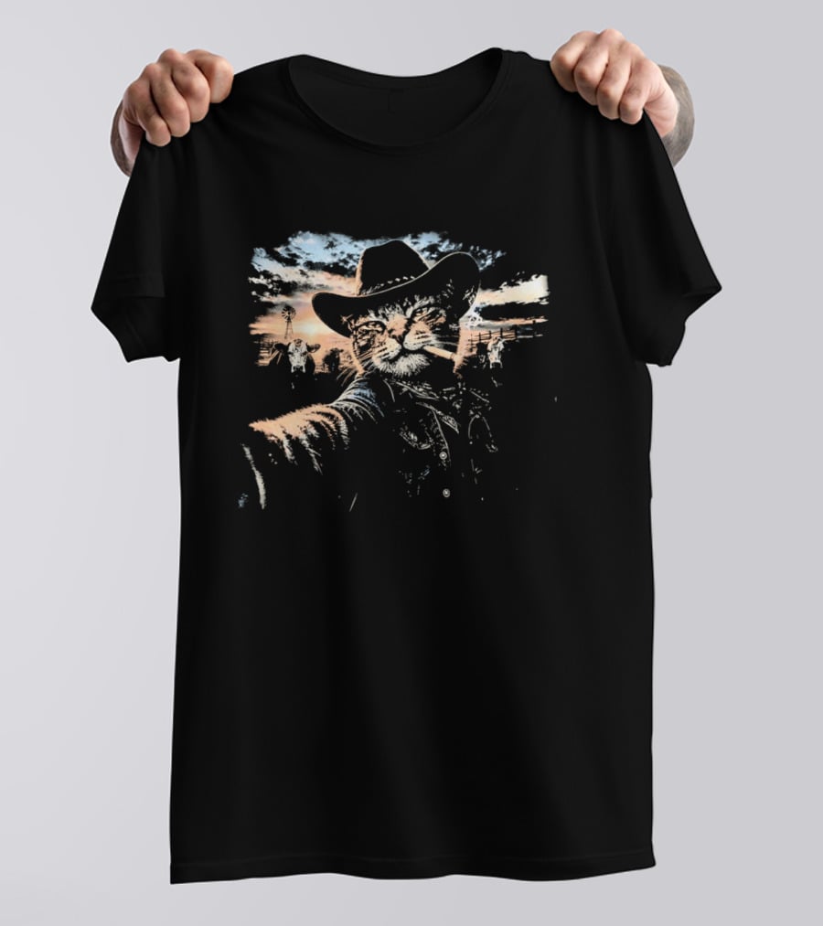 Cowboy Cat Smoking Selfie Sunset Western Sky Scene T-Shirt
