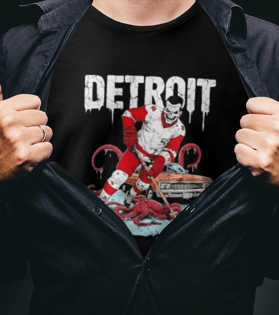 Detroit Red Wings Skull Hockey Player Tentacles Car T-Shirt