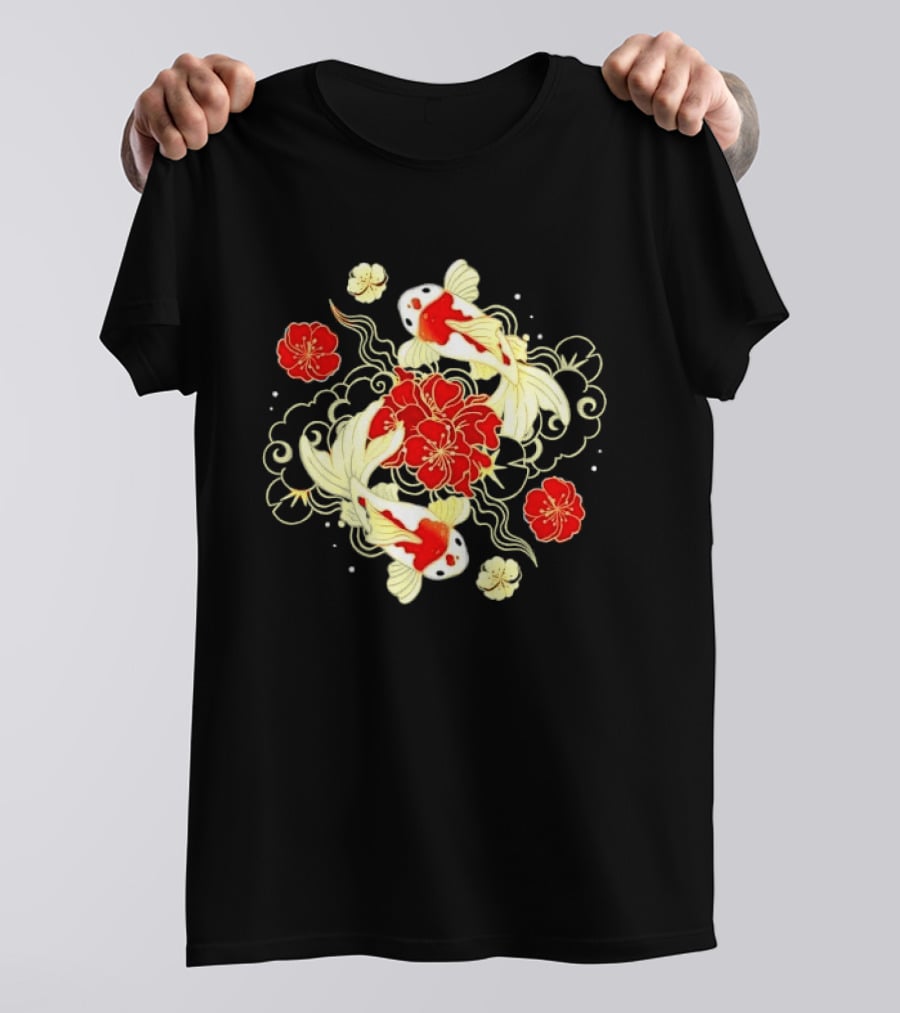 Koi Fish With Red And White Japanese Flowers T-Shirt