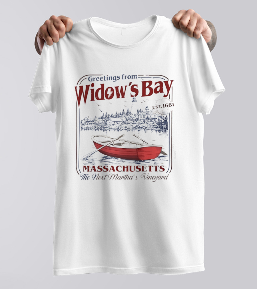 Greetings From Widow's Bay Massachusetts Est 1681 Martha's Vineyard Boat And Lighthouse T-Shirt