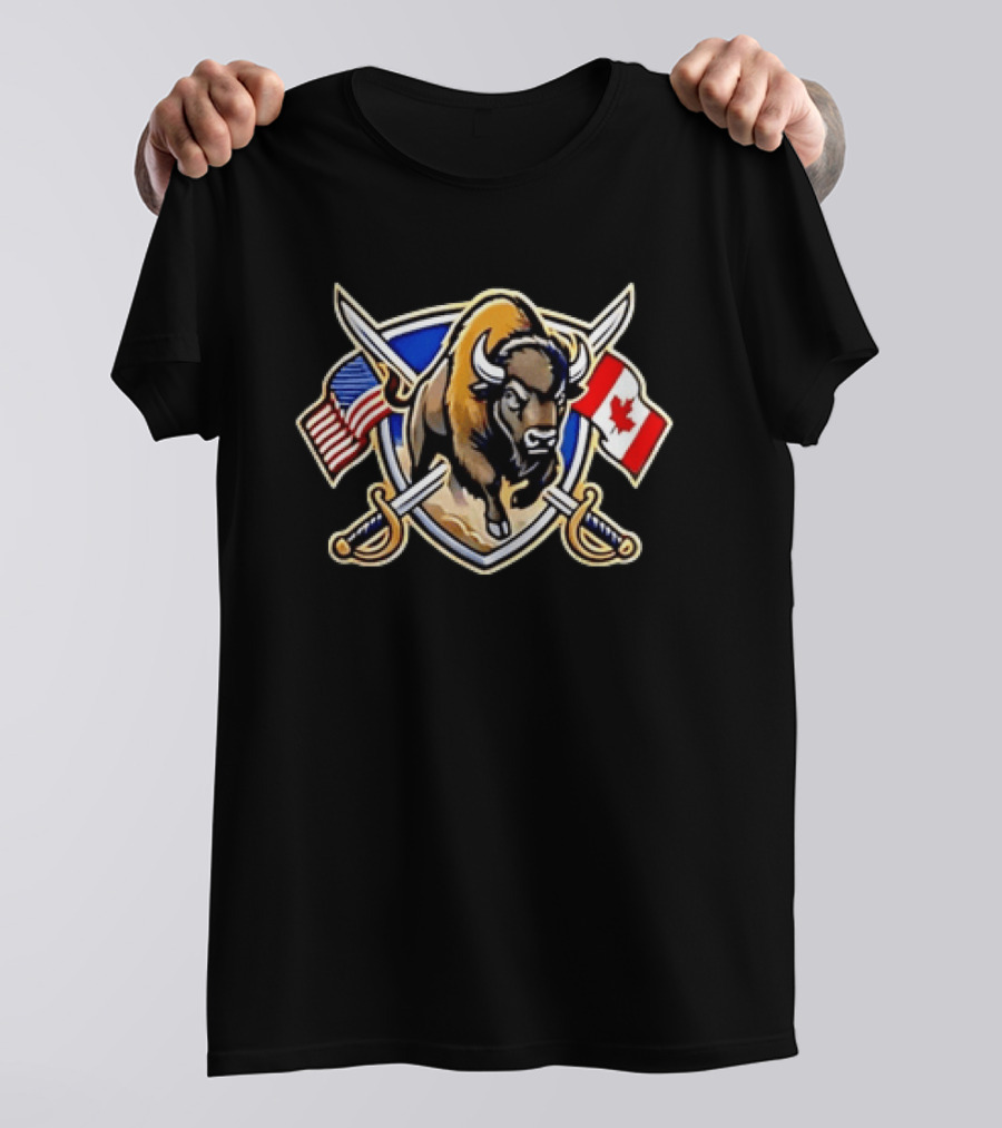 Buffalo Bison US Canada Flags North American Crossed Sabers T-Shirt