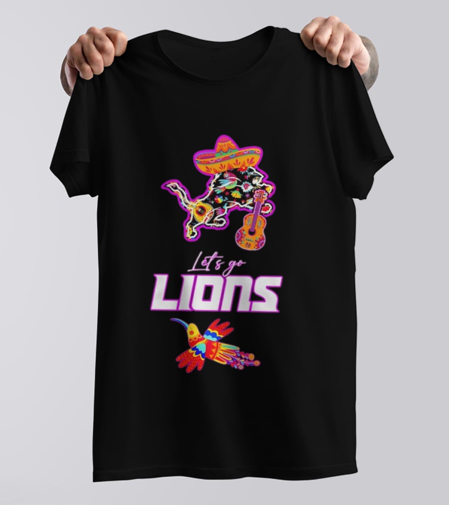 Let's Go Lions Hispanic Heritage Fiesta Mexican Folk Sombrero And Guitar T-Shirt