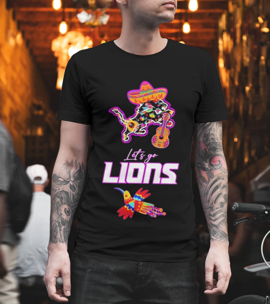 Let's Go Lions Hispanic Heritage Fiesta Mexican Folk Sombrero And Guitar T-Shirt