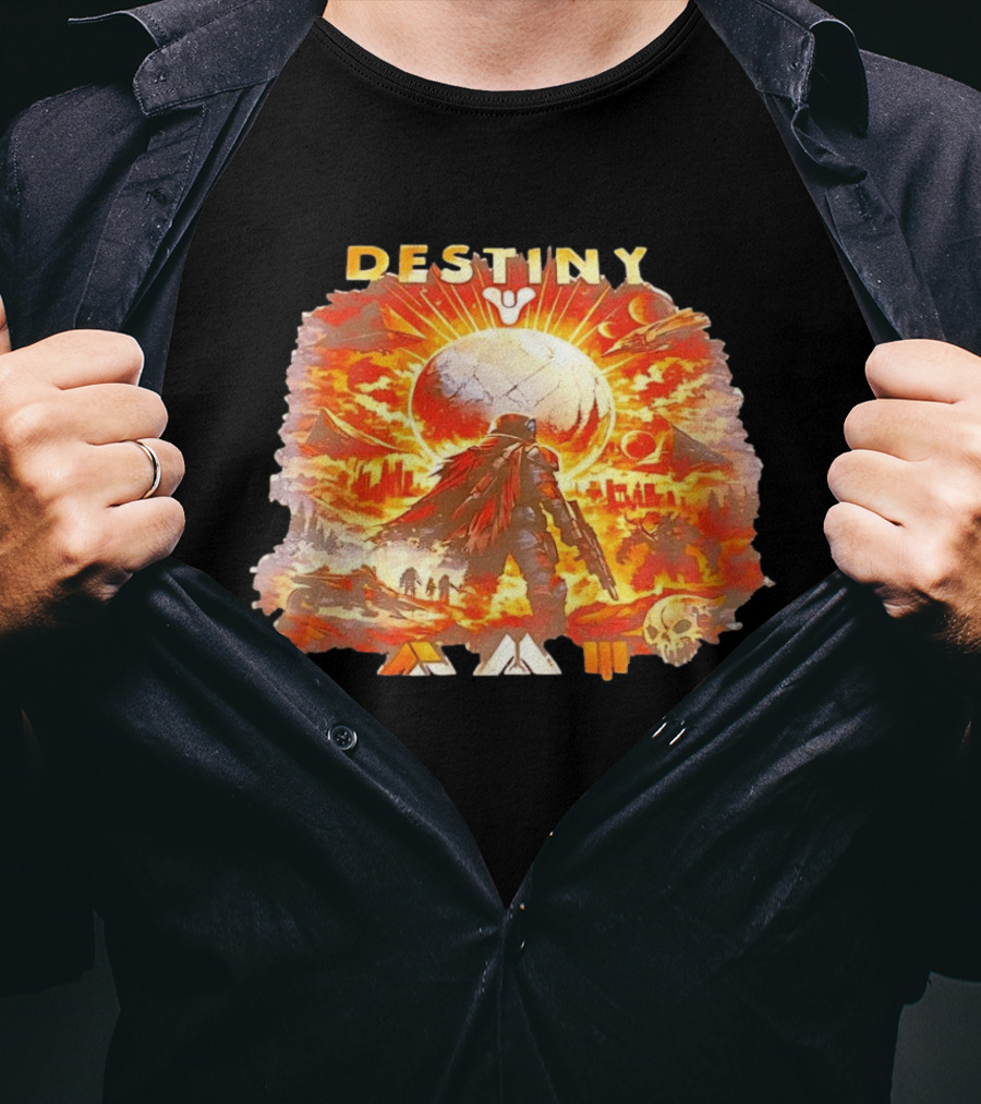 Destiny 3 Guardian Fireteam Solar Battle Scene With Traveler Sky Planet And Skull T-Shirt