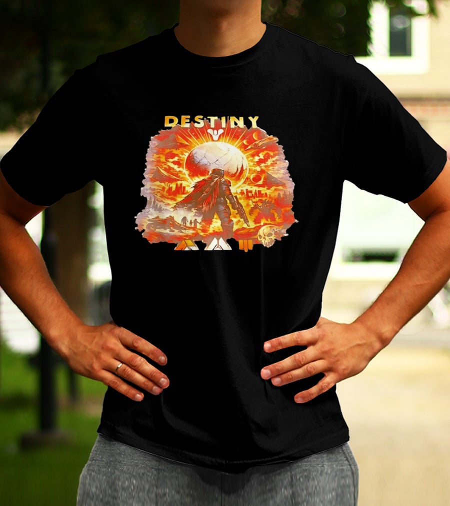 Destiny 3 Guardian Fireteam Solar Battle Scene With Traveler Sky Planet And Skull T-Shirt
