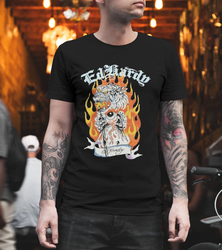 Ed Hardy Flaming Tiger Eyeball Flame Tattoo T-Shirt