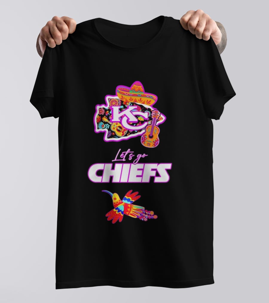 Kansas City Chiefs Let's Go Chiefs Fiesta Hispanic Heritage Mexican Folk KC Sombrero Guitar Hummingbird T-Shirt