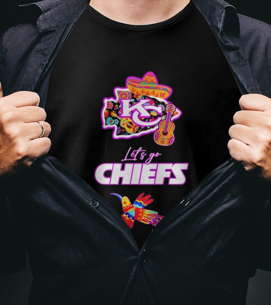 Kansas City Chiefs Let's Go Chiefs Fiesta Hispanic Heritage Mexican Folk KC Sombrero Guitar Hummingbird T-Shirt