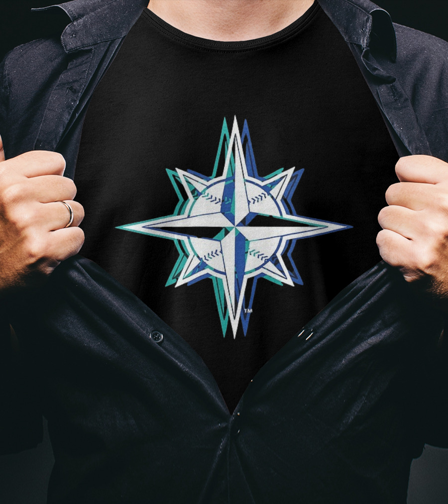 Seattle Mariners MLB 2026 Glitch Star With Baseball Seam Compass T-Shirt