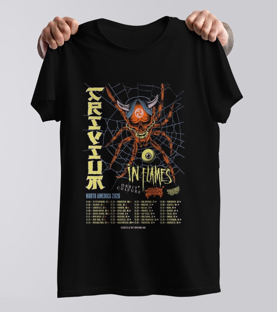 Trivium In Flames Orbit Culture North America 2026 Tour Dates And Cities With Spider T-Shirt