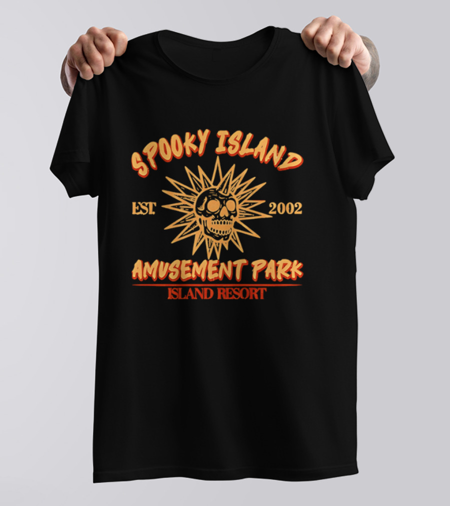 Spooky Island Amusement Park Est 2002 Island Resort Skull Sunburst T-Shirt