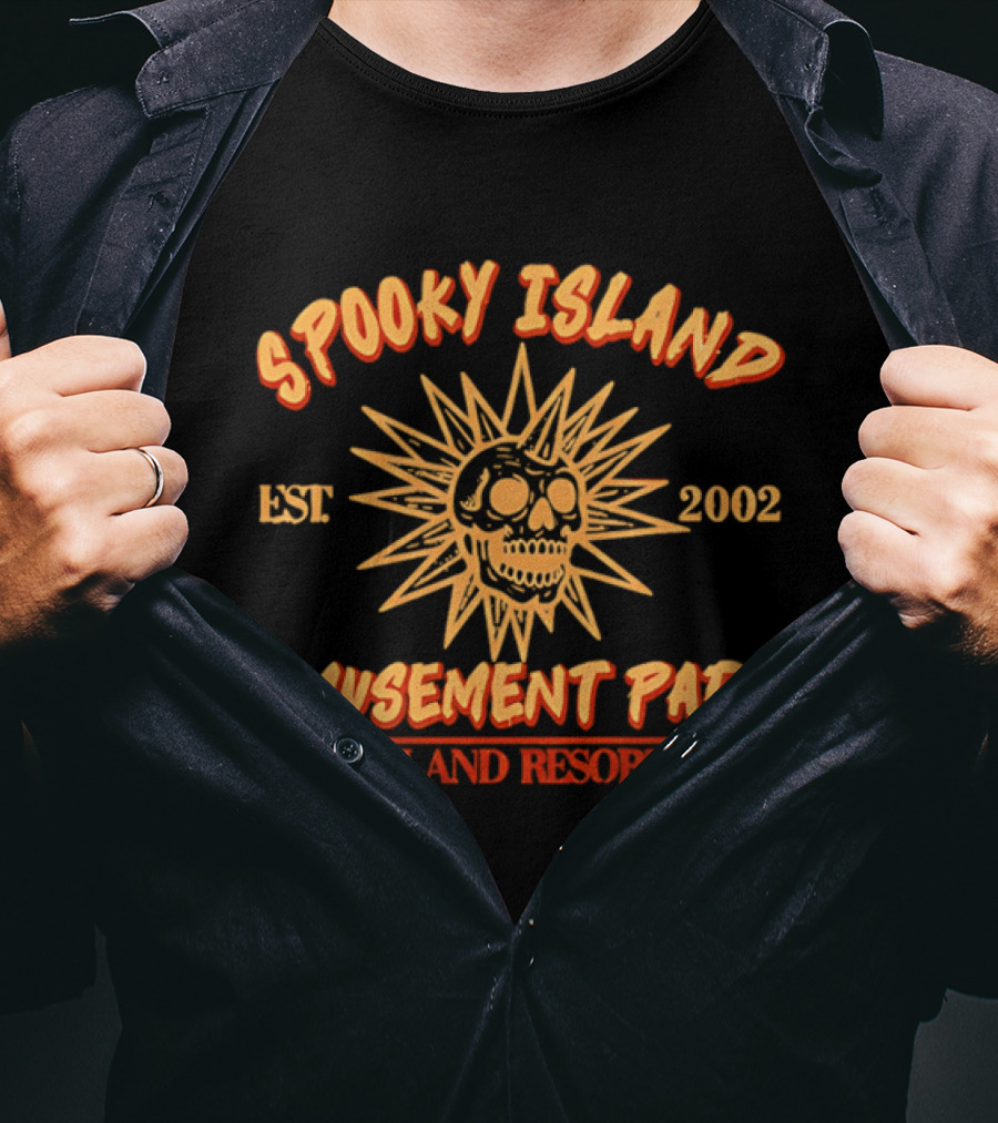 Spooky Island Amusement Park Est 2002 Island Resort Skull Sunburst T-Shirt