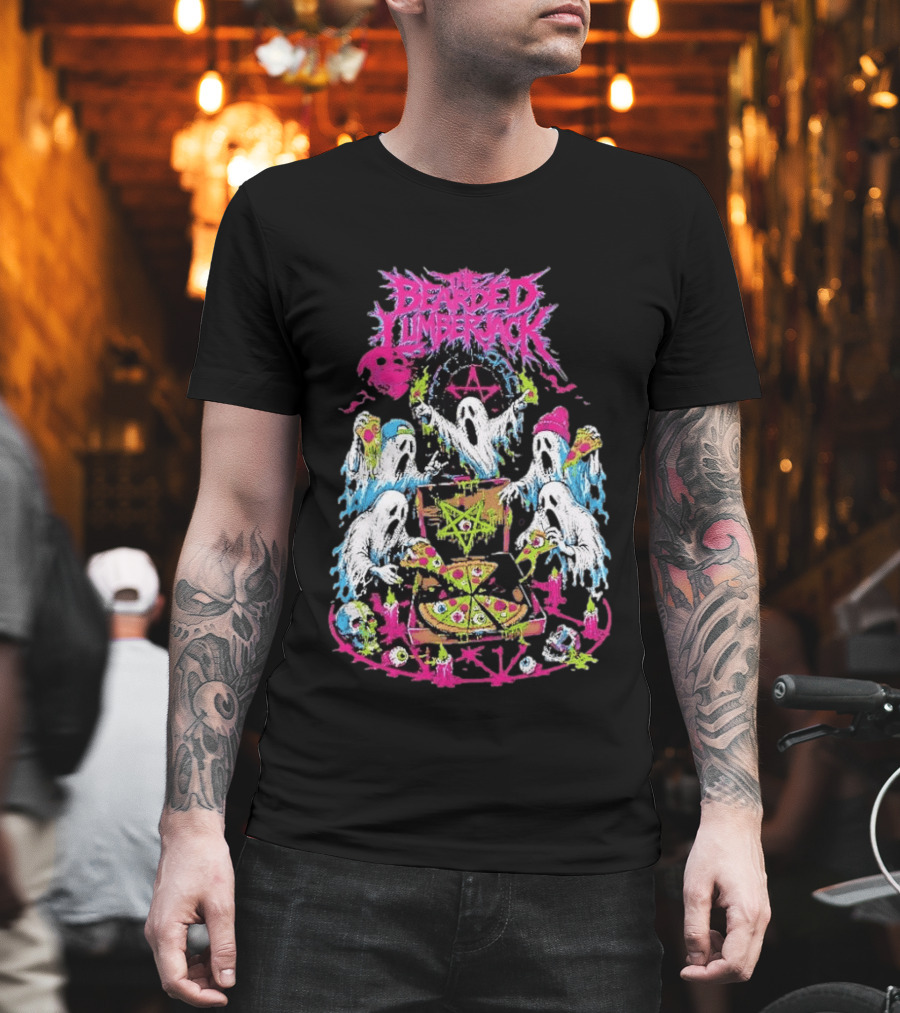 The Bearded Lumberjack Ghosts Enjoying Pizza With Pentagram T-Shirt