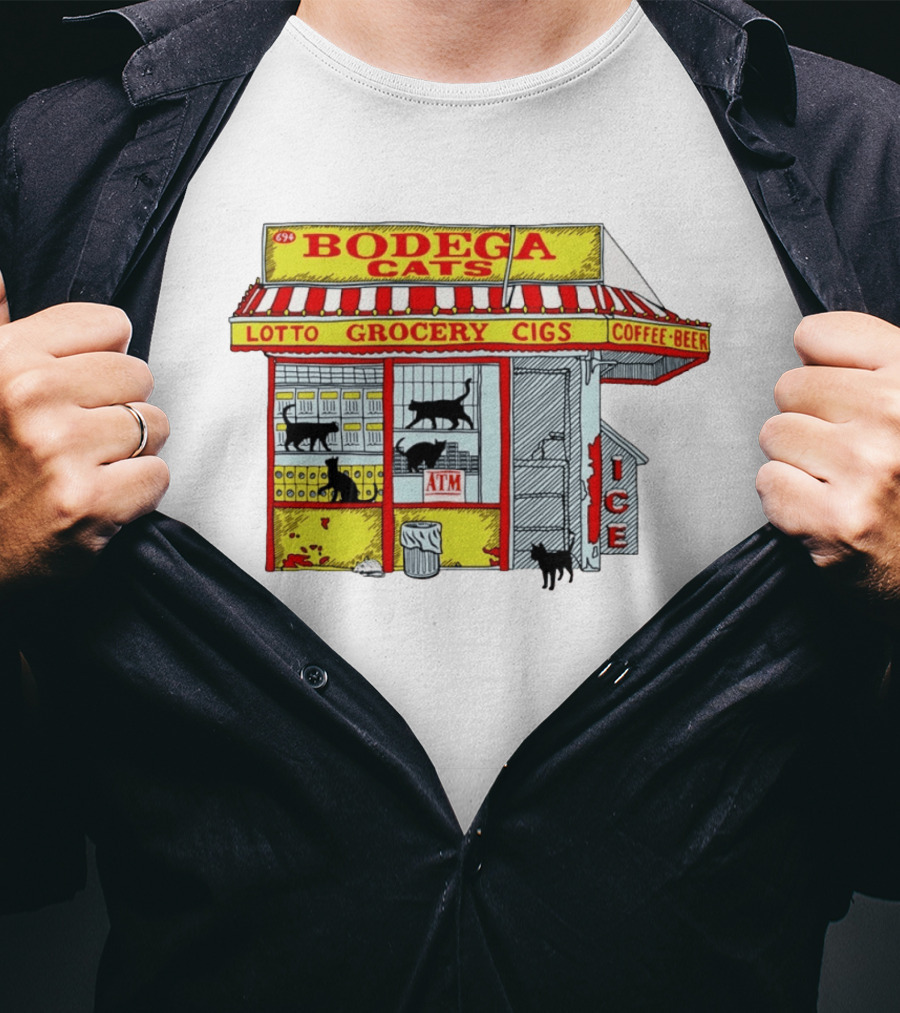 Bodega Cats Grocery Cigs Lotto Coffee Beer Ice ATM T-Shirt