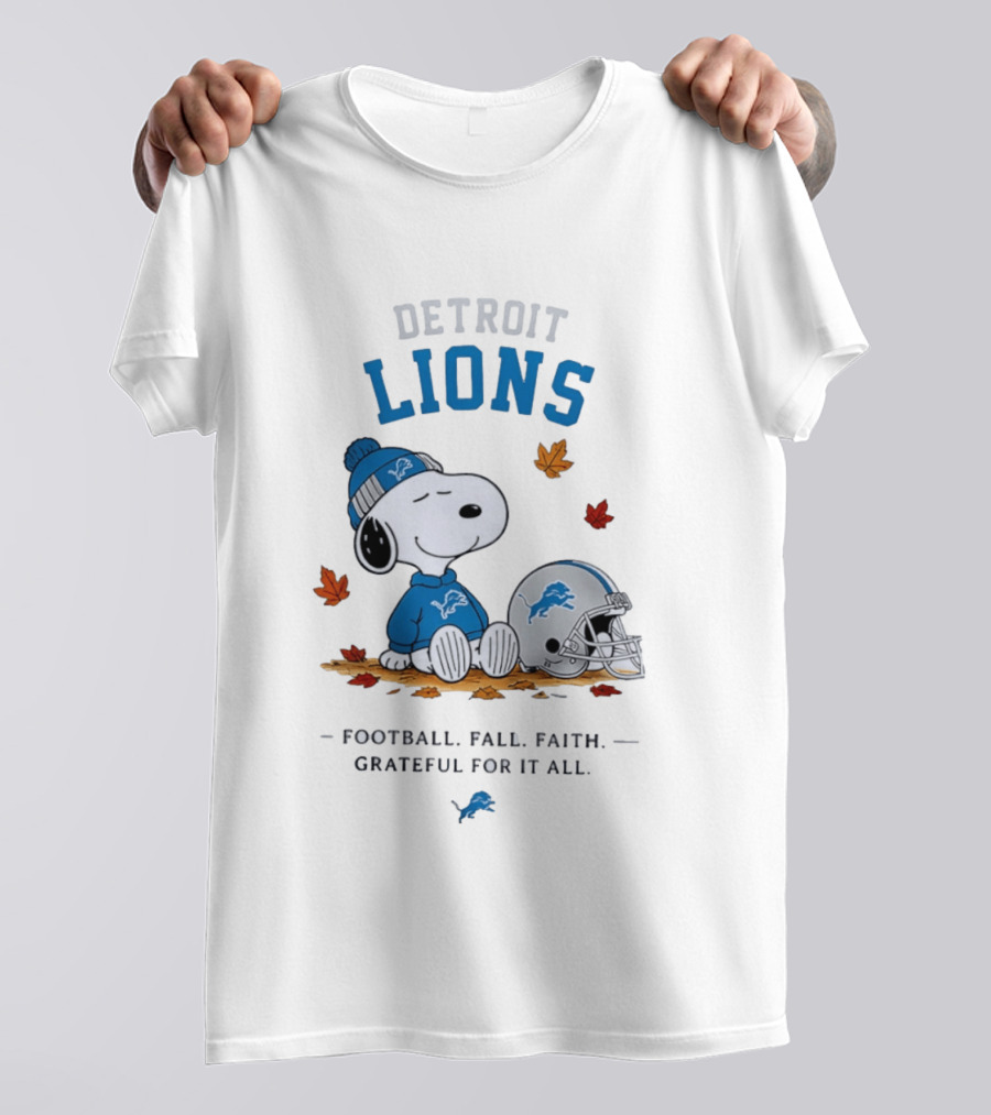 Detroit Lions Snoopy Football Fall Faith Grateful For It All Leaves Helmet T-Shirt