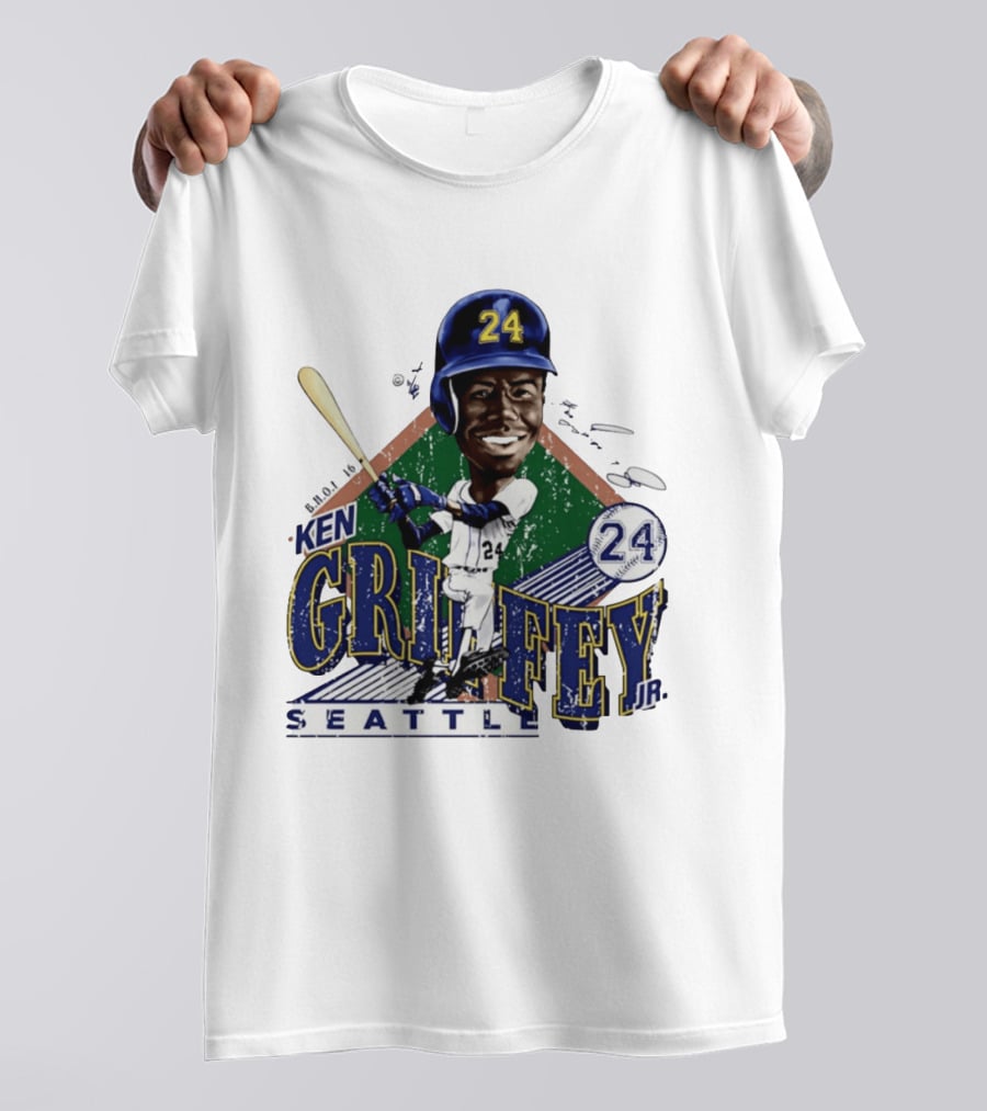 Ken Griffey Jr. Seattle Mariners 24 Baseball Batting Illustration Bruce Stark Collection T-Shirt