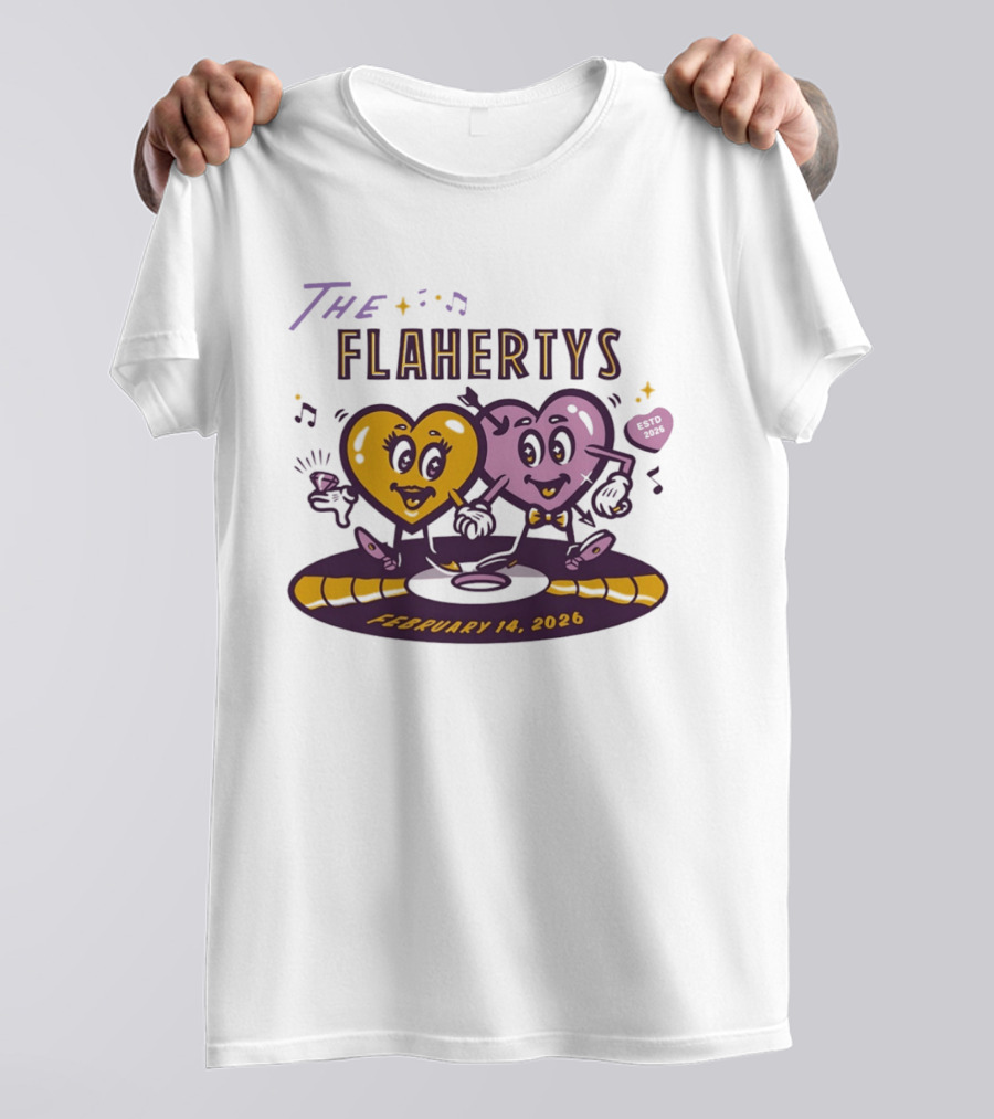 The Flahertys February 14 2026 Dancing Wedding Hearts With Music Notes T-Shirt